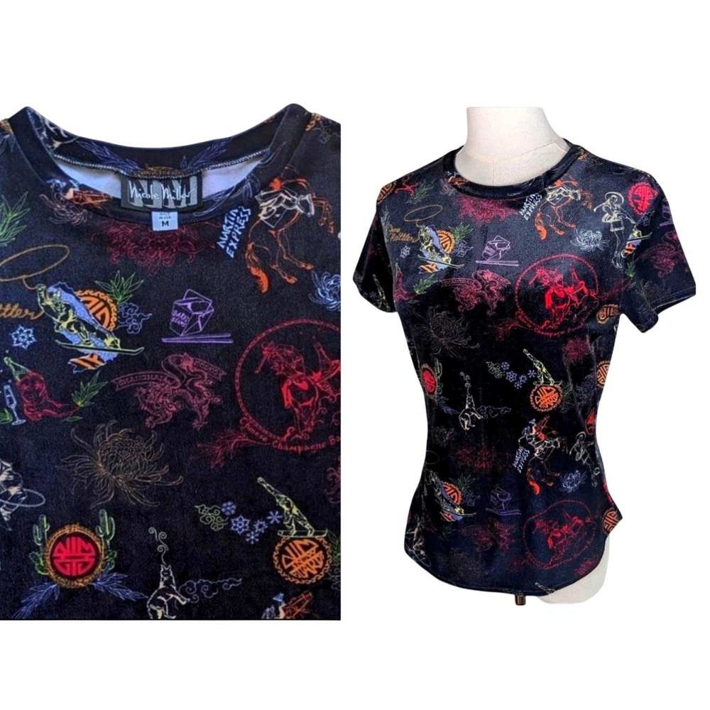 Vintage 90s Nicole Miller Novelty Print Short Sleeve‎ Top Western Dragon Cyber M